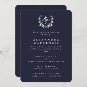 Dark Navy MD Asclepius + Laurel Wreath Graduation Invitation