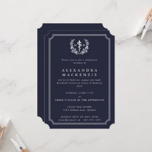 Dark Navy MD Asclepius + Laurel Wreath Graduation Invitation