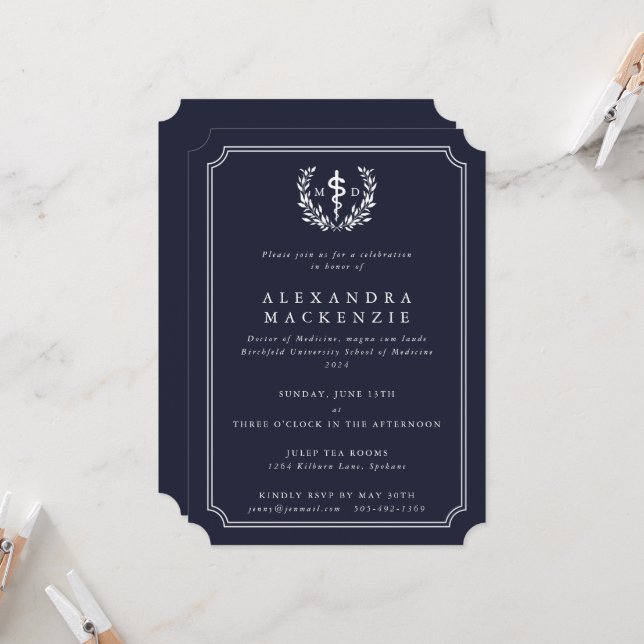 Dark Navy MD Asclepius + Laurel Wreath Graduation Invitation (Front/Back In Situ)