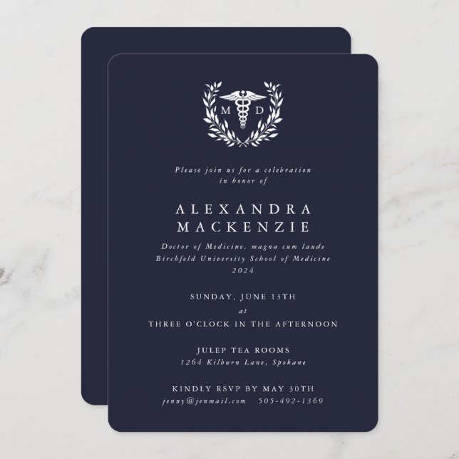 Dark Navy MD Caduceus+Laurel Wreath Graduation Invitation (Front/Back)