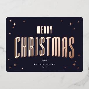 Dark Navy Merry Christmas Retro Stars Flat Foil Holiday Card