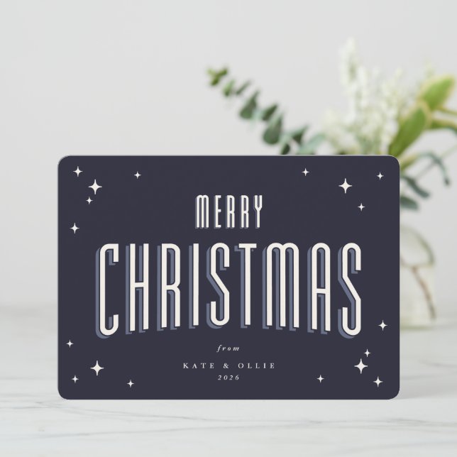 Dark Navy Merry Christmas Retro Stars Flat Holiday Card (Standing Front)