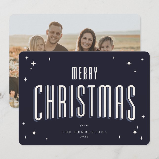 Dark Navy Merry Christmas Retro Stars Flat Photo Holiday Card (Front/Back)