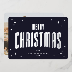 Dark Navy Merry Christmas Retro Stars Photo  Foil Holiday Card