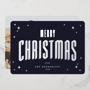 Dark Navy Merry Christmas Retro Stars Photo  Foil Holiday Card