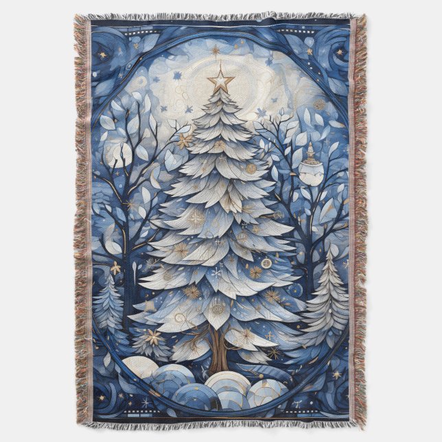 Dark Navy Modern Christmas Tree Winter Throw Blanket (Front Vertical)