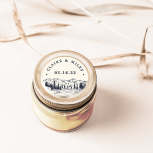 Dark Navy Mountain Sketch Personalised Wedding Classic Round Sticker