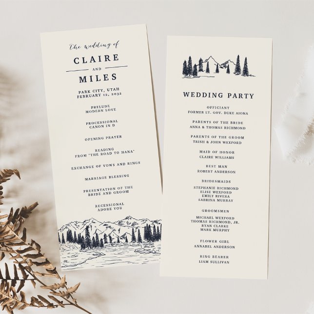 Dark Navy | Mountain Sketch Wedding Ceremony Program (Creator Uploaded)
