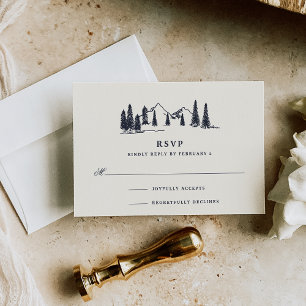 Dark Navy Mountain Sketch Wedding RSVP Card