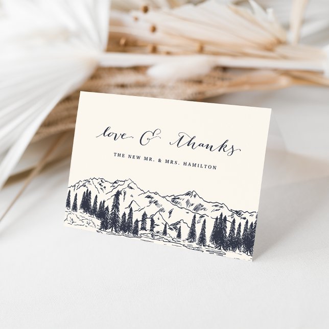 Dark Navy | Mountain Sketch Wedding Thank You Card (Creator Uploaded)