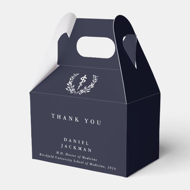 Dark Navy Personalised Asclepius+Laurel Wreath Favour Box (Front Side)
