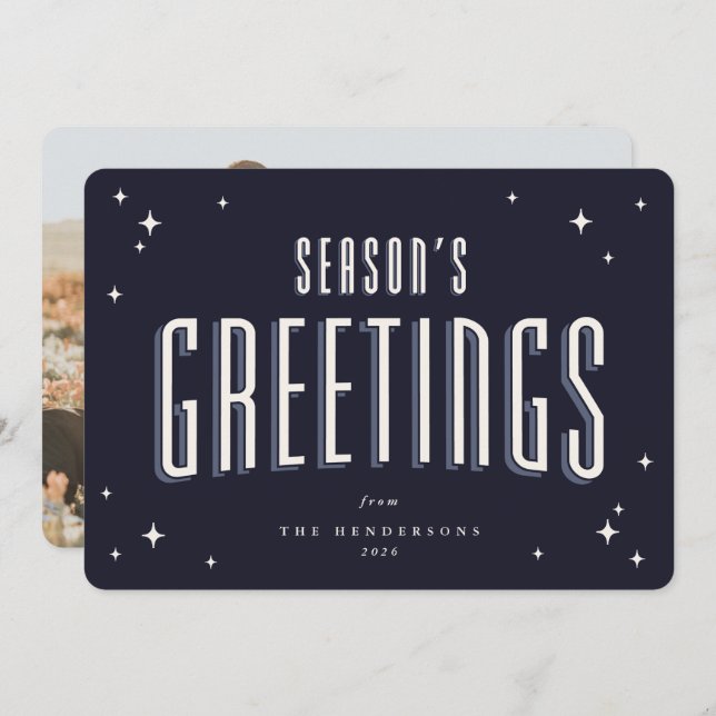 Dark Navy Season's Greetings Retro Stars Photo Holiday Card (Front/Back)