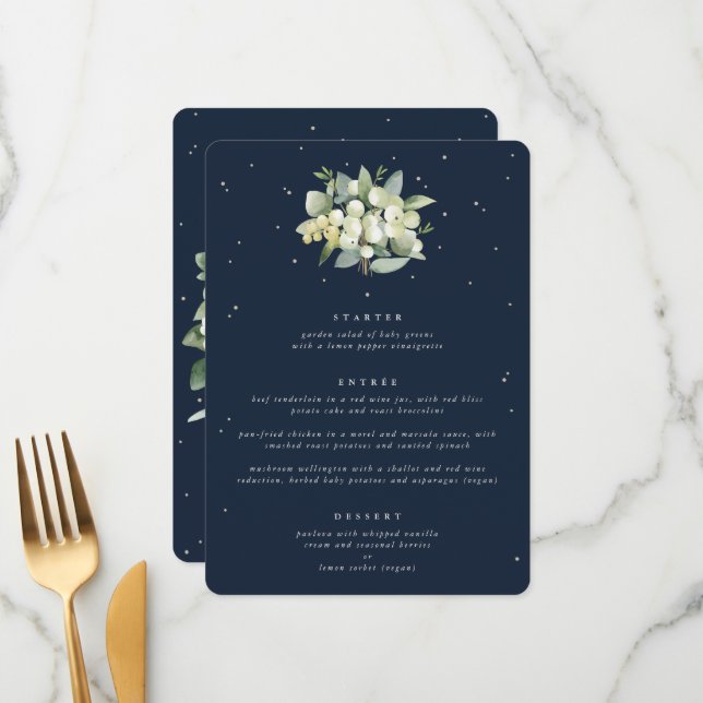 Dark Navy Snowberry+Eucalyptus 3 Course Wedding Menu (Front/Back In Situ)