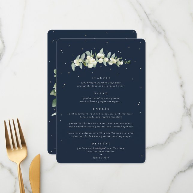Dark Navy Snowberry+Eucalyptus 4 Course Wedding Menu (Front/Back In Situ)