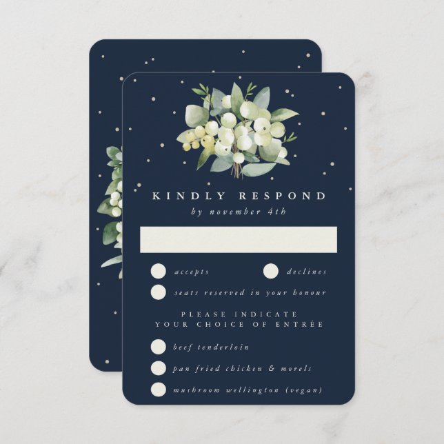 Dark Navy Snowberry+Eucalyptus Bouquet Wedding RSVP Card (Front/Back)