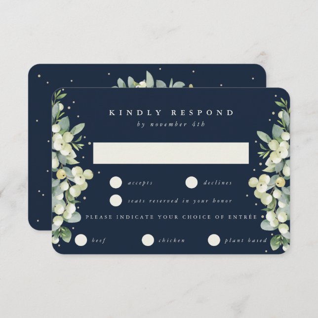 Dark Navy Snowberry+Eucalyptus Edged Wedding RSVP Card (Front/Back)