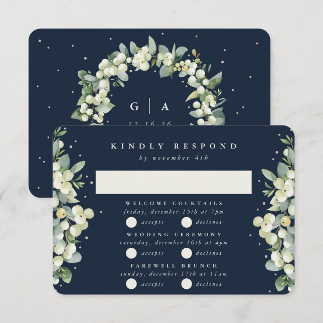 Dark Navy Snowberry+Eucalyptus Wedding Multi-Event RSVP Card (Front/Back)