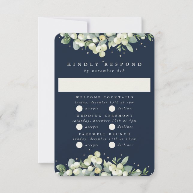 Dark Navy Snowberry+Eucalyptus Wedding Multi-Event RSVP Card (Front)