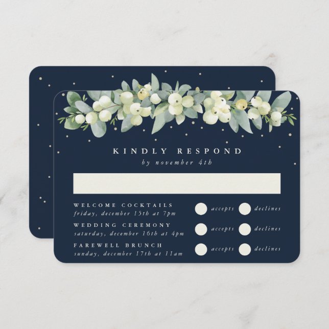 Dark Navy Snowberry+Eucalyptus Wedding Multi-Event RSVP Card (Front/Back)