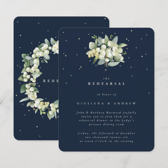 Dark Navy Snowberry+Eucalyptus Wedding Rehearsal Enclosure Card (Front/Back)