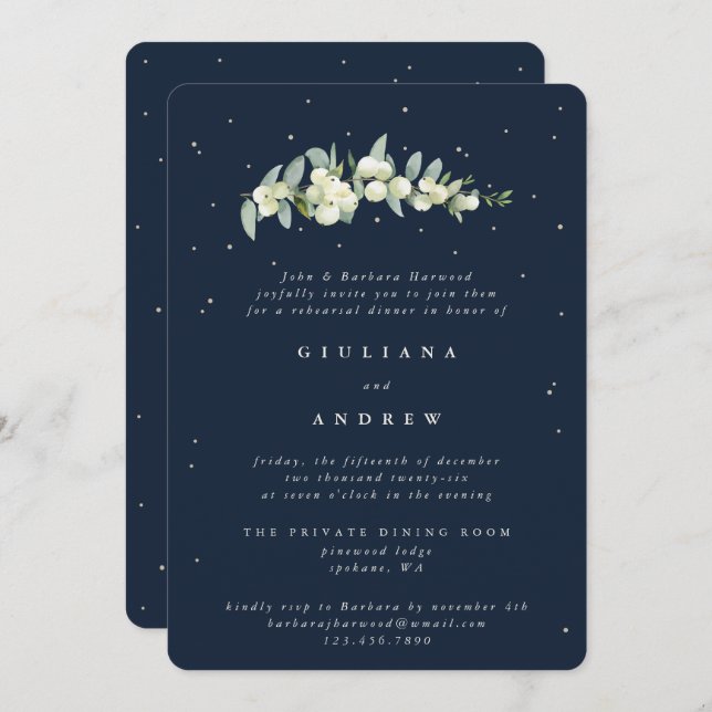Dark Navy Snowberry+Eucalyptus Wedding Rehearsal Invitation (Front/Back)