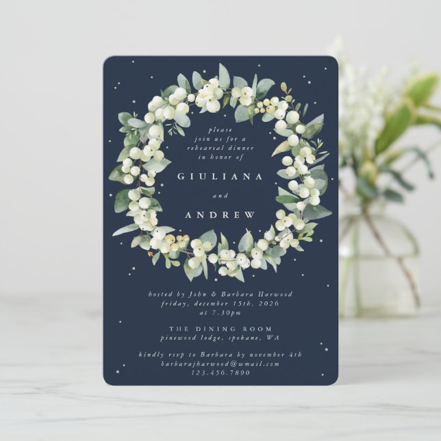 Dark Navy Snowberry+Eucalyptus Wedding Rehearsal Invitation (Standing Front)
