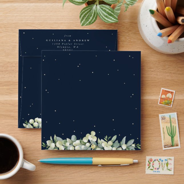 Dark Navy Snowberry+Eucalyptus Wedding Square Envelope (Desk)