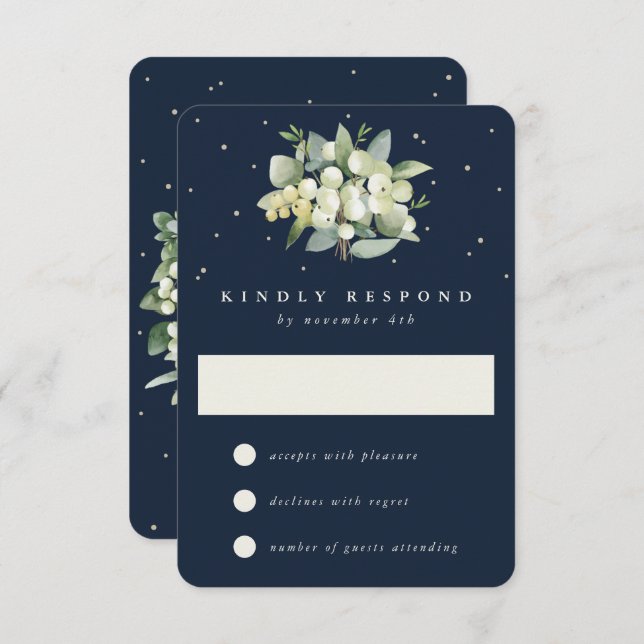 Dark Navy Snowberry+Eucalyptus Winter Wedding RSVP Card (Front/Back)