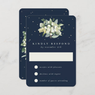 Dark Navy Snowberry+Eucalyptus Winter Wedding RSVP Card