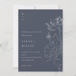 Dark Navy Waterlily Floral Sketch Wedding Invite