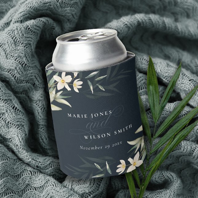 Dark Navy White Greenery Floral Bunch Wedding Can Cooler (Creator Uploaded)