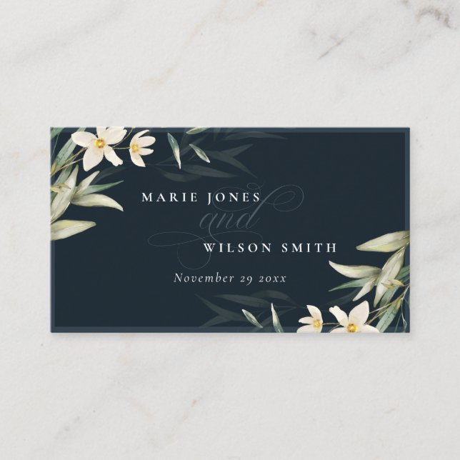 Dark Navy White Greenery Floral Bunch Wedding Place Card (Front)