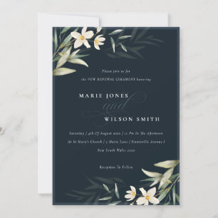Dark Navy White Greenery Floral Vow Renewal Invite