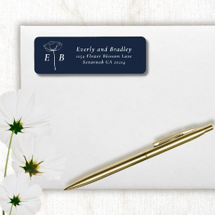 Dark Navy White Monogram Floral Accent Address Return Address Label