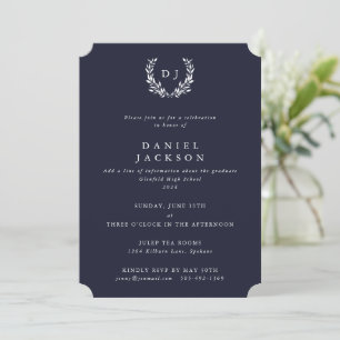 Dark Navy+White Monogram Laurel Wreath Graduation Invitation