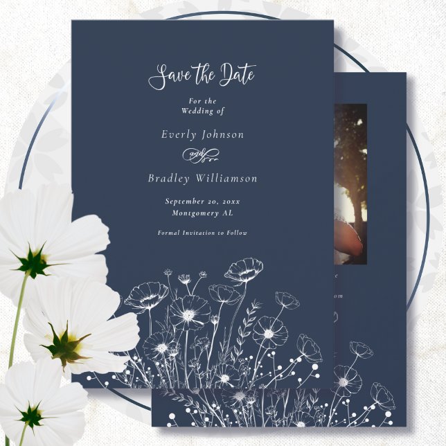 Dark Navy White Wildflower Save the Date Wedding  Invitation (Creator Uploaded)