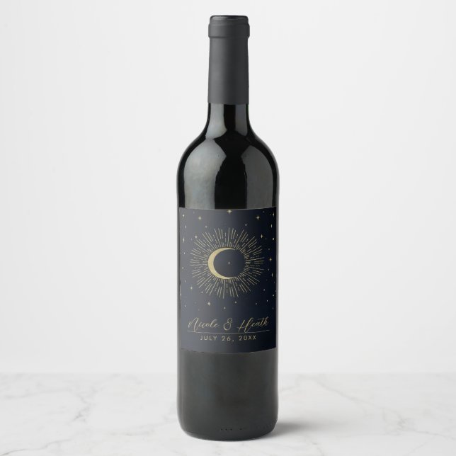 Dark Night Gold Celestial Sunburst Moon Wedding Wine Label (Front)