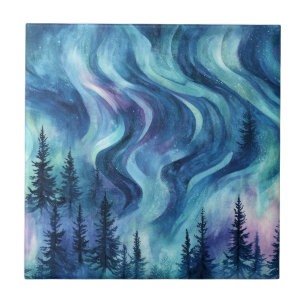 Dark Night Pine Trees Vibrant Aurora Glow Ceramic Tile