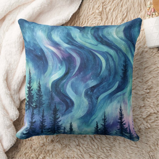Dark Night Pine Trees Vibrant Aurora Glow Cushion (Blanket)