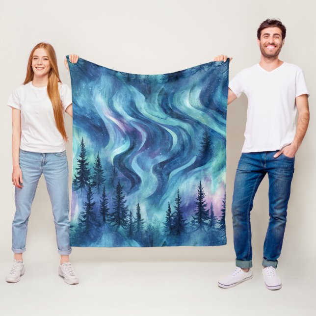 Dark Night Pine Trees Vibrant Aurora Glow Fleece Blanket (In Situ)