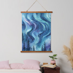 Dark Night Pine Trees Vibrant Aurora Glow Hanging Tapestry
