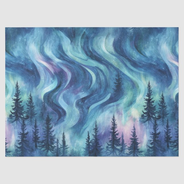 Dark Night Pine Trees Vibrant Aurora Glow Tissue Paper (Front)