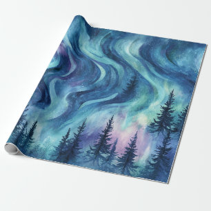 Dark Night Pine Trees Vibrant Aurora Glow Wrapping Paper