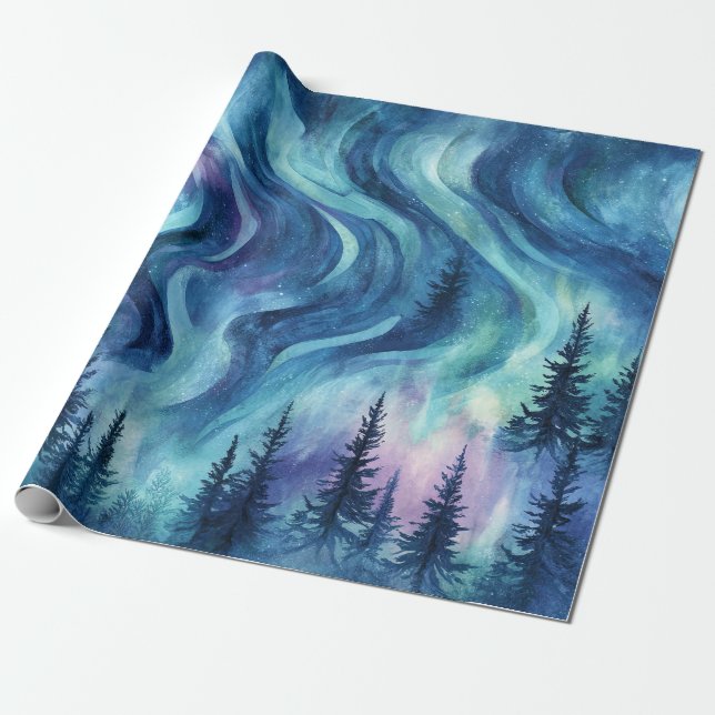 Dark Night Pine Trees Vibrant Aurora Glow Wrapping Paper (Unrolled)