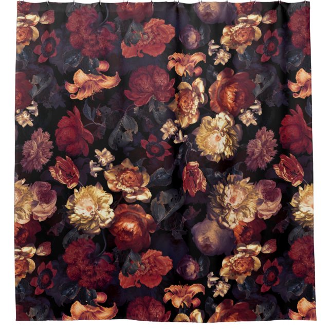 Dark Night Romanticism:  Maximalism Moody Florals Shower Curtain (Front)
