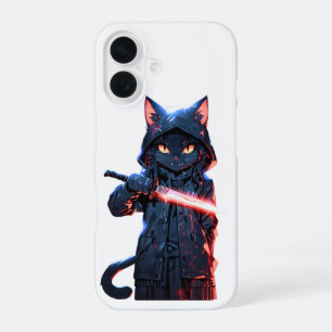 Dark Ninja Cat Anime Assassin Art with Neon Blad iPhone 16 Case