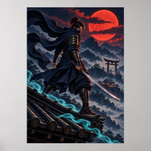 Dark Ninja Red Moon Japanese Fantasy Art Poster