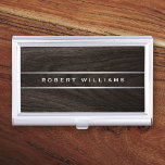 Dark oak wood grain silver grey gradient borders business card holder<br><div class="desc">Elegant business card holder with your name printed on the front with silver gradient borders above and below on a printed dark oak wood background.</div>