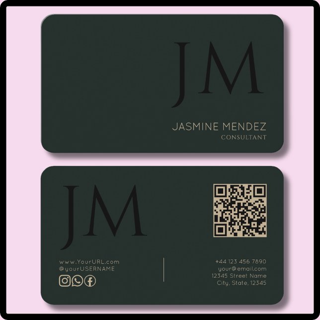 Dark Obsidian Khaki Black Monogram QR Code Modern  Business Card (Creator Uploaded)