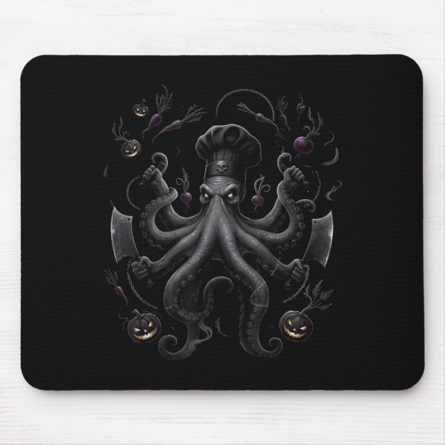 Dark octopus chef halloween horror cooking graphic mouse pad (Front)